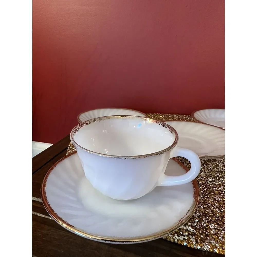 Vintage Fire King Oven Ware White Swirl Milk Glass‎ Gold Rim 2 Cup & 5 Saucers